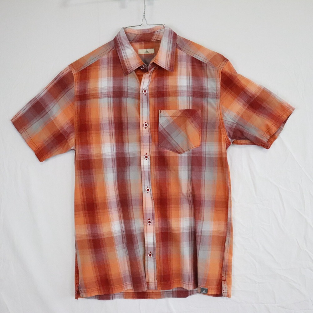 Ascend Shirt Mens Small Outdoor Casual Pocket Button Orange Plaid Short Sleeve‎